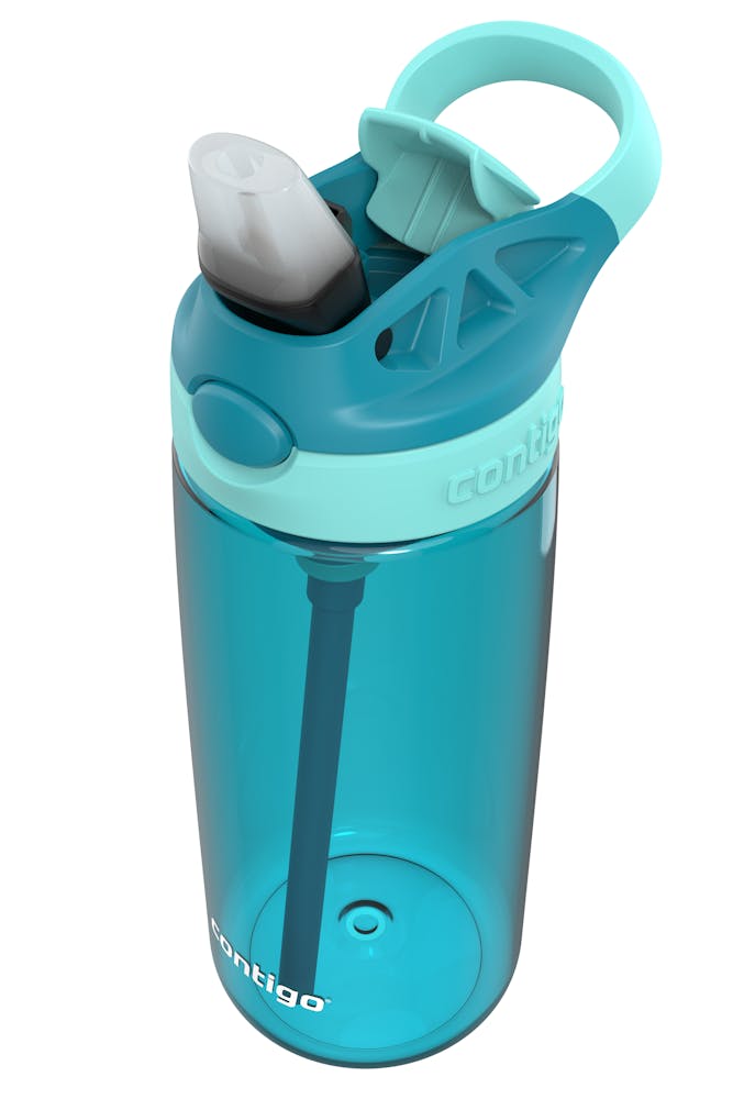 blue and light blue water bottle straw open