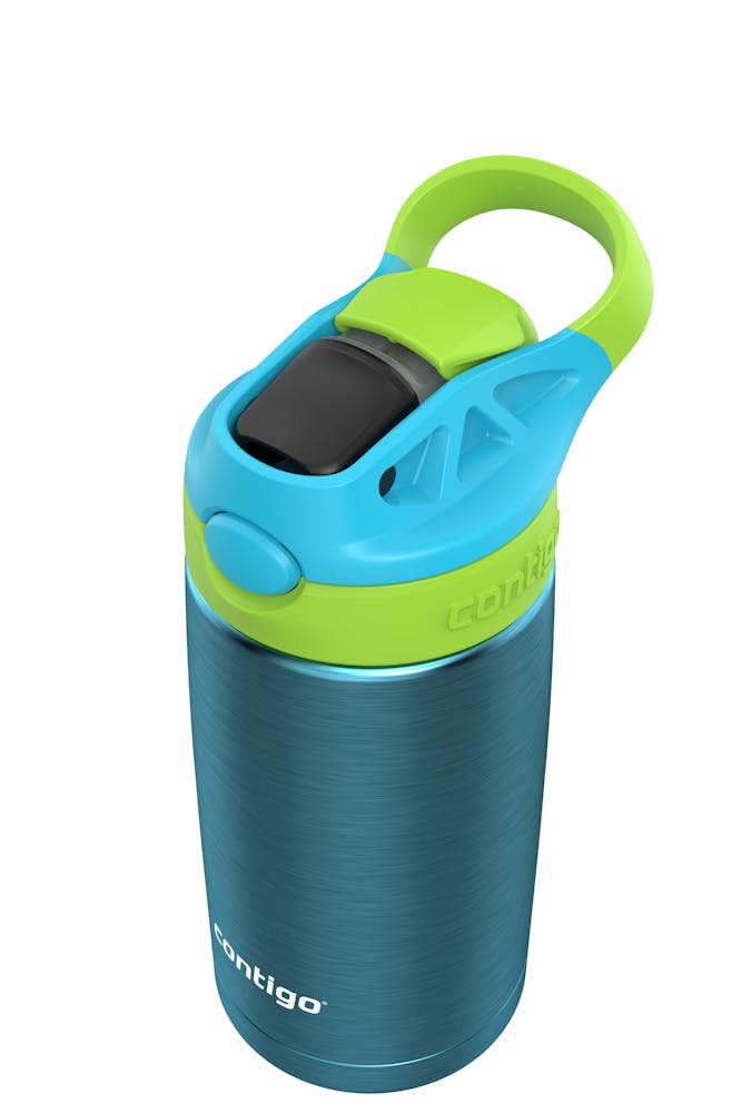 kids water bottle with lime green and cyan lid and blue stainless steel container