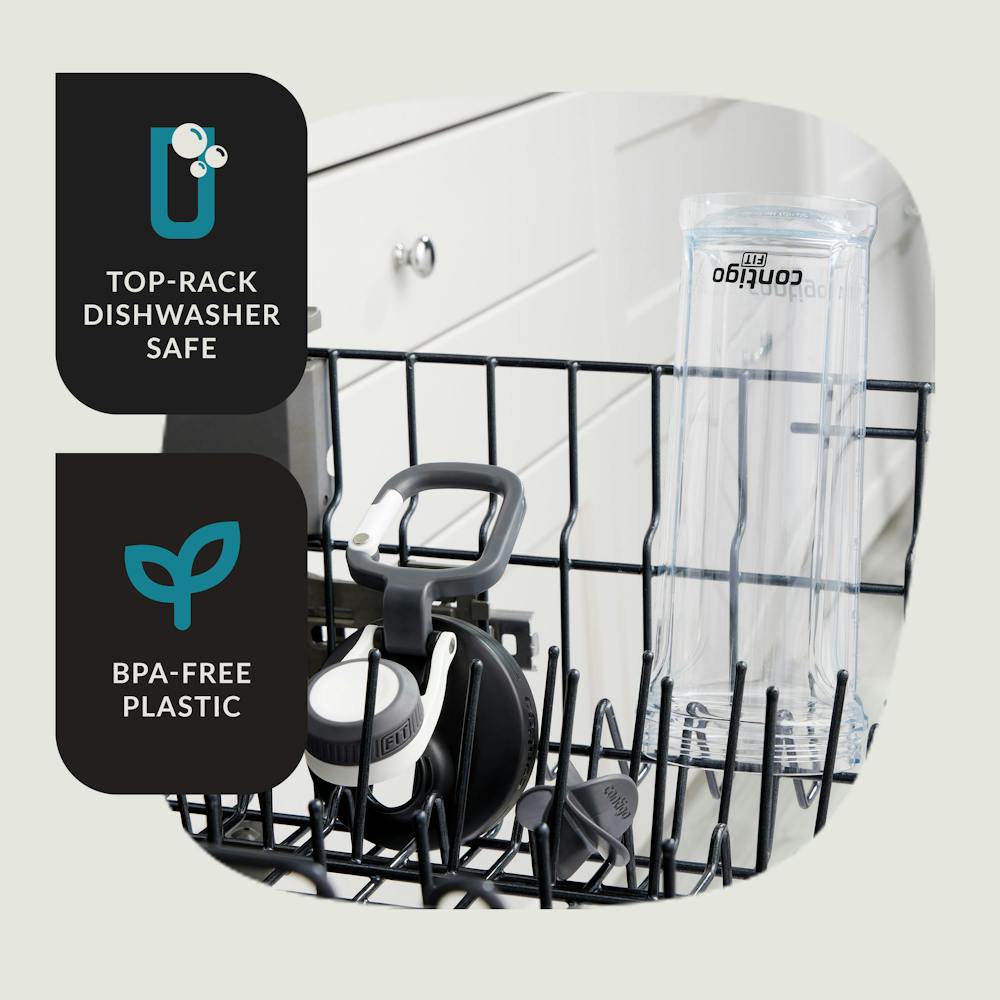 B P A free plastic Shake and Go bottle that is top rack dishwasher safe