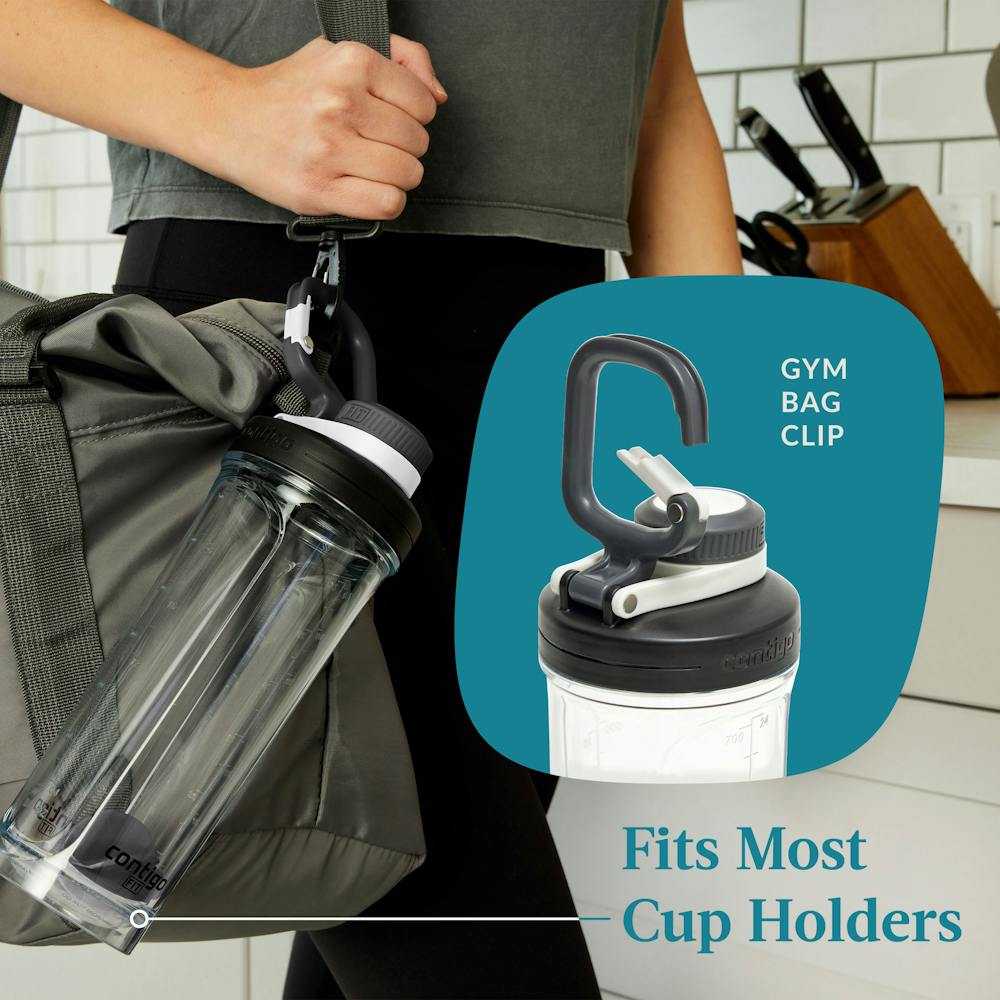Shake and Go bottle that fits most cup holders and has a gym bag clip