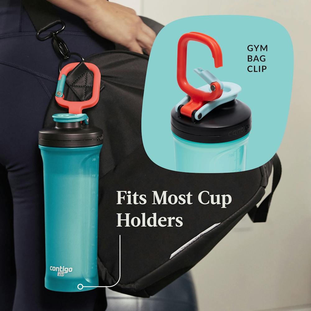 Water bottle clipped to a gym bag