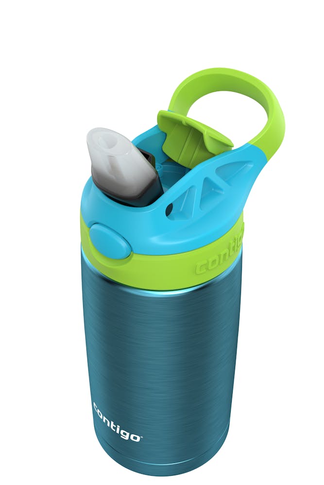 top-down view of kids water bottle with lime green and cyan lid and blue stainless steel container