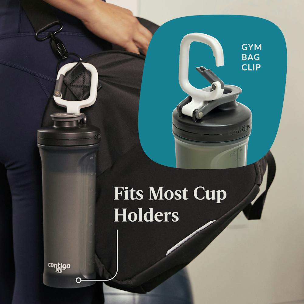 Water bottle clipped to a gym bag