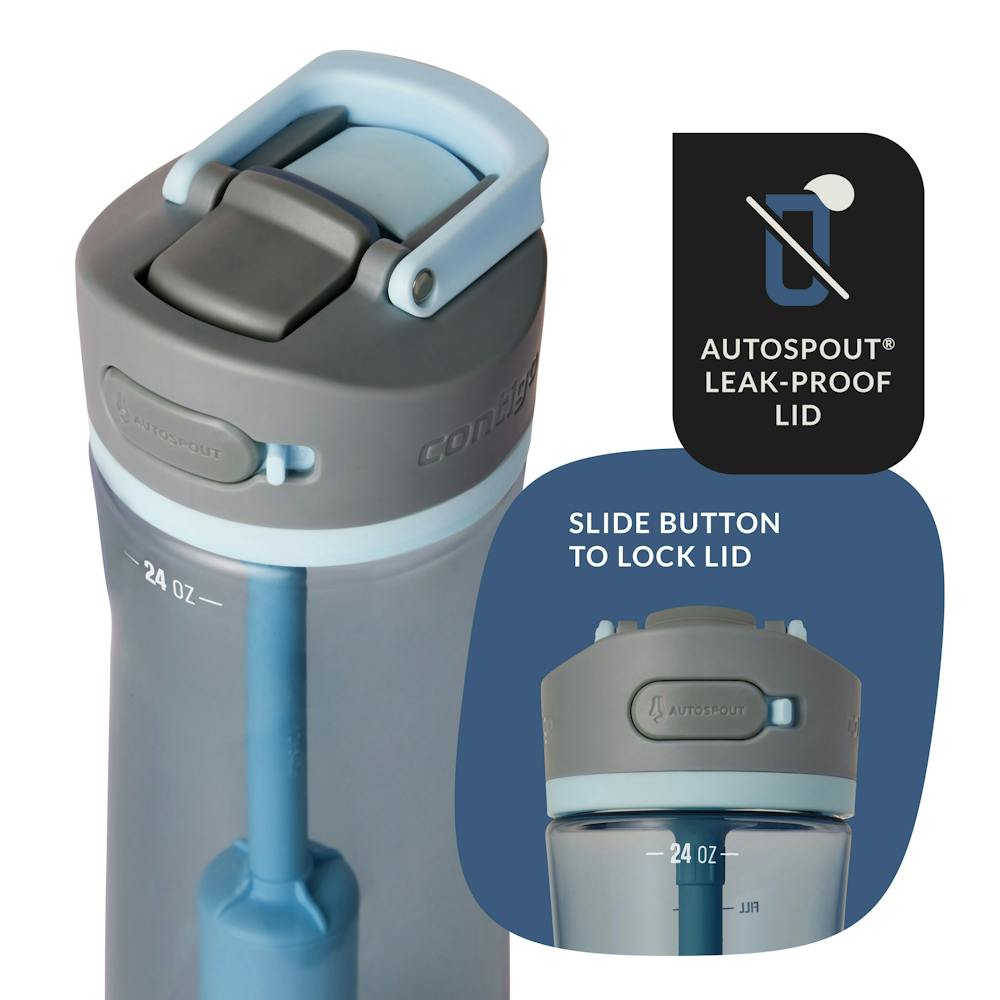 autospout leak-proof lid, slide button to lock lid