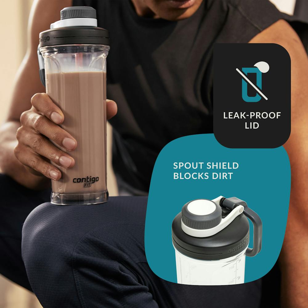 Shake and Go bottle with leak proof lid and spout shield