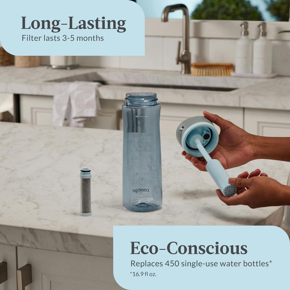 long-lasting filter lasts 3 to 5 months, eco-conscious replaces 450 single-use water bottles