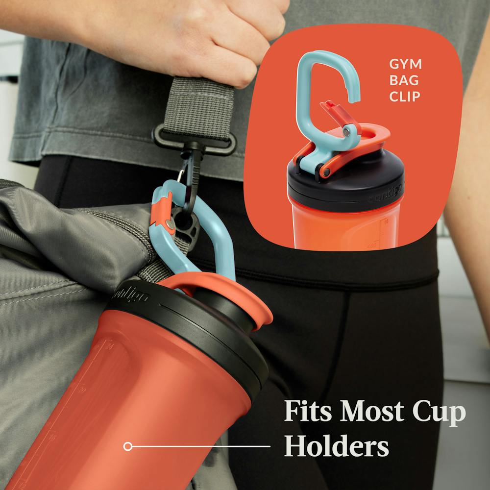 Water bottle clipped to a gym bag