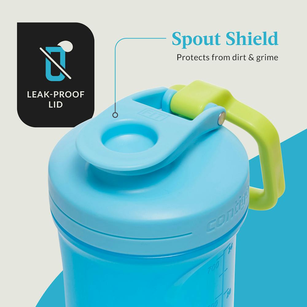 leak-proof lid on shake and smoothie mixer cup with spout shield protects from dirt and grime