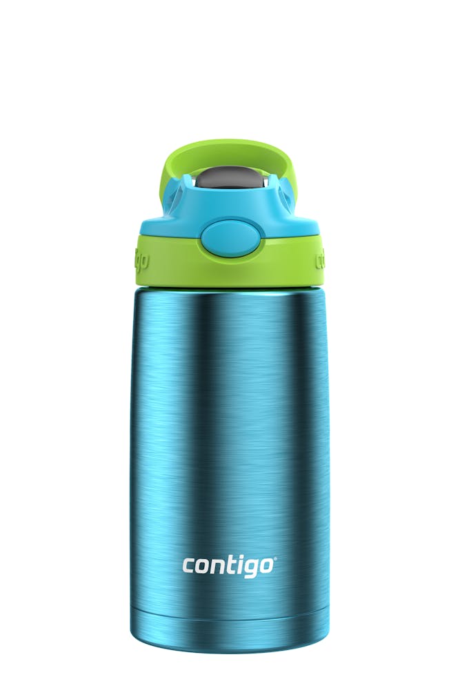 frontal view of kids water bottle with lime green and cyan lid and blue stainless steel container