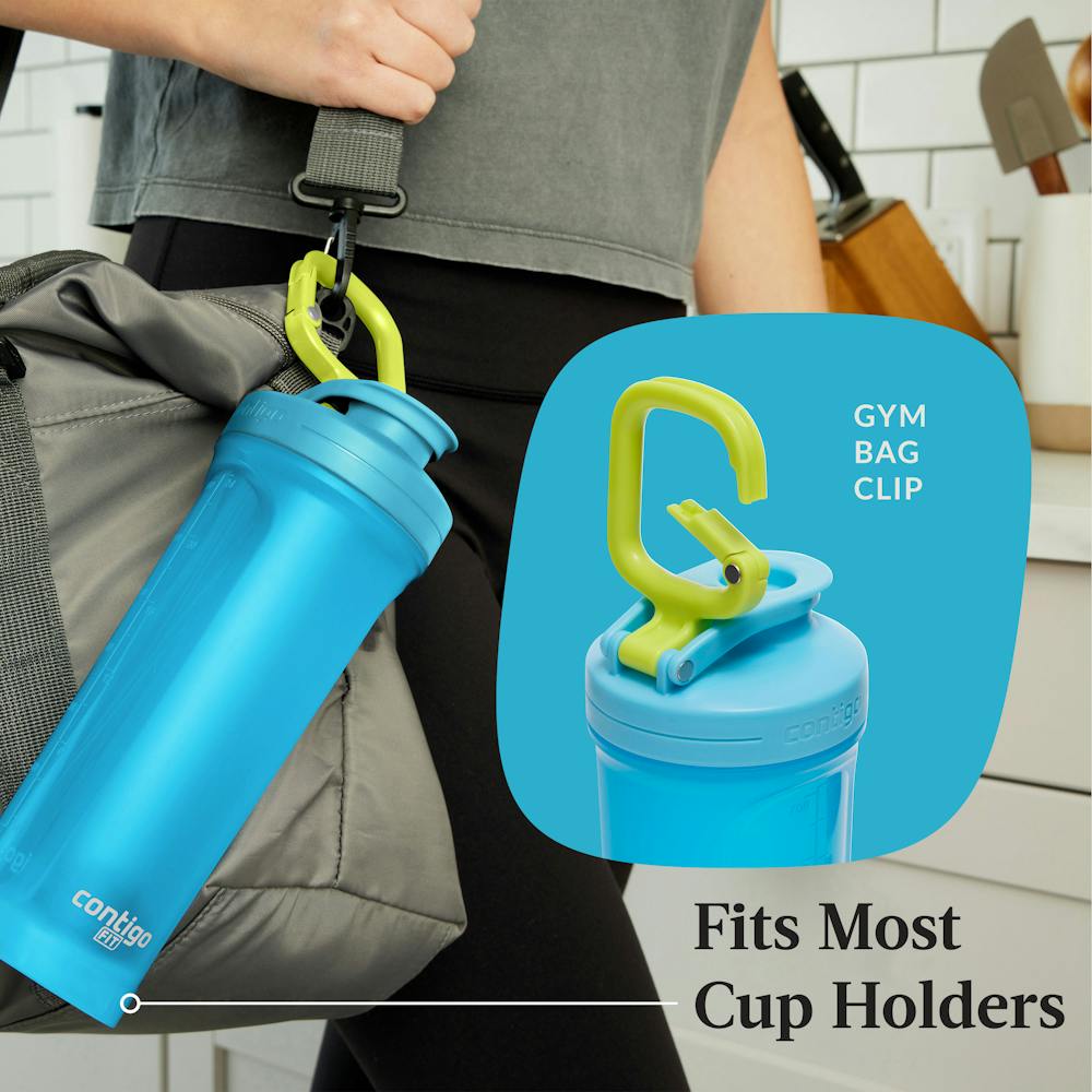 gym bag clip on shake and smoothie mixer cup with rounded bottom that fits most cup holders