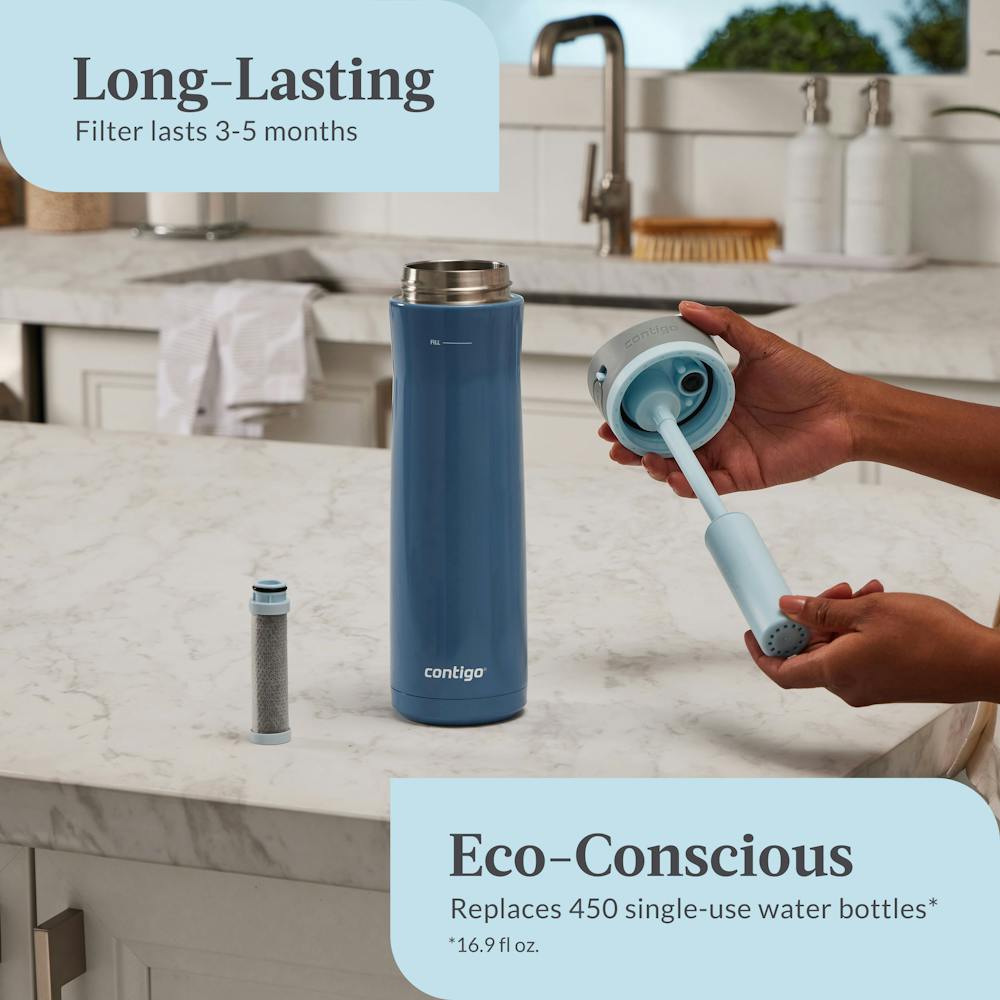 long-lasting filter lasts 3 to 5 months, eco-conscious replaces 450 single-use water bottles